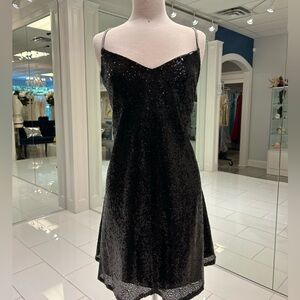 Christina Wu Black Sequin Beaded Spaghetti Strap Dress
